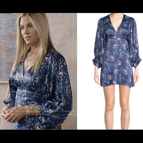 NEW AMUR Steph Crinkle satin blue floral dress 8